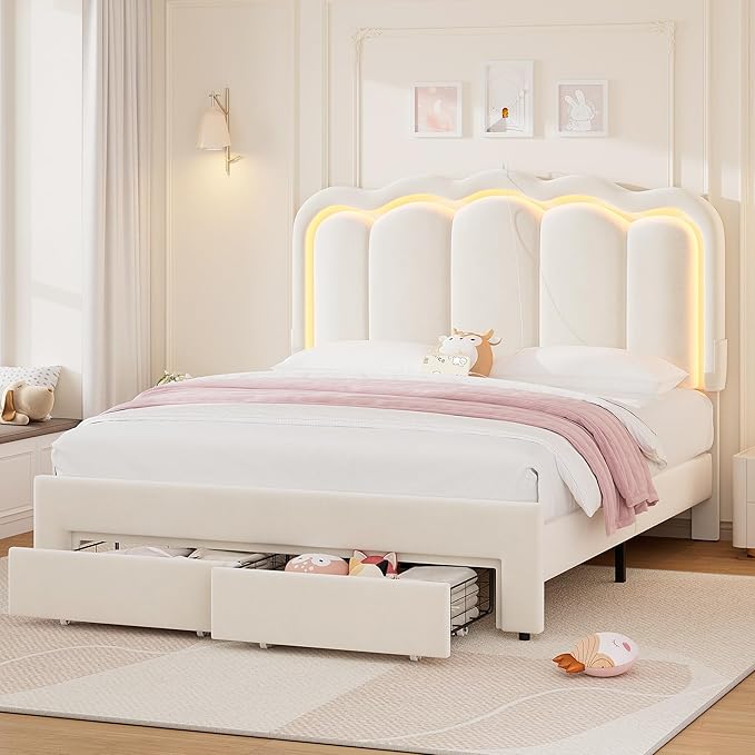 Velvet Upholstered Queen LED Bed Frame with 2 Storage Drawers and Adjustable Chic Double Wavy Headboard, Princess Platform Bed with Charing Station, Solid Wood Slats Support,No Box Spring Needed,Beige