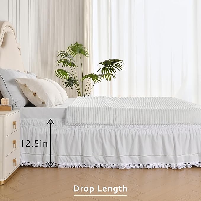 MIYE Wrap Around Ruffled Lace Bed Skirt, Elastic Dust Ruffle with Adjustable Belts, Easy to Put On, Bed Frame Cover, Machine Washable (Tassel Ruffle/White, King/Queen-12.5" Drop)