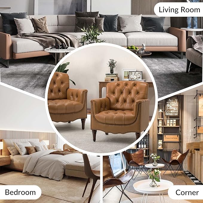 HULALA HOME Mid Century Modern Leather Club Chairs Set of 2, Top-Grain Genuine Leather Armchairs with Button-Tufted Back & Solid Wood Legs, Accent Chairs for Living Room/Bedroom/Home Office, Camel