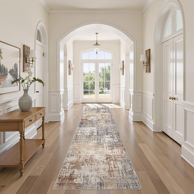 Washable Runner Rug for Hallway: 2.6x10 Neutral Modern Abstract Low Pile Area Rug with Non-Slip Backing - Carpet for Bedroom Kitchen Laundry Entryway Bathroom Indoor - Grey Brown