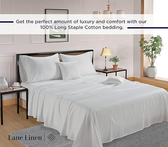 LANE LINEN 600 Thread Count 100% Cotton White Sheets Set Full Size, Fully Elasticized Cotton Hotel Style Thick Full Bedsheets, Soft Silky Sateen Weave for Luxurious Sleep, Machine Wash - White