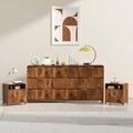 3 Pcs Bedroom Furniture Set, 8 Drawer Fluted Dresser and Nightstand Set of 2 with Charging Station, Modern Bed Side Table Chest of Drawers Storage Cabinet Set for Bedroom, Living Room, Walnut