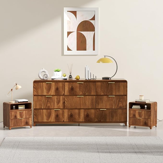 3 Pcs Bedroom Furniture Set, 8 Drawer Fluted Dresser and Nightstand Set of 2 with Charging Station, Modern Bed Side Table Chest of Drawers Storage Cabinet Set for Bedroom, Living Room, Walnut