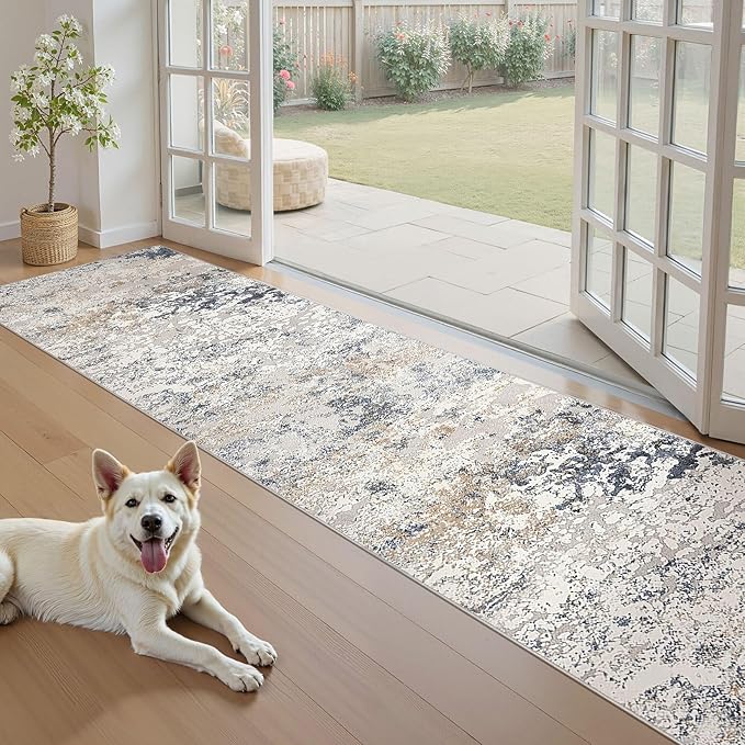 Washable Runner Rug for Hallway: 2.6x12 Neutral Modern Abstract Low Pile Area Rug with Non-Slip Backing - Carpet for Bedroom Kitchen Laundry Entryway Bathroom Indoor - Beige Blue
