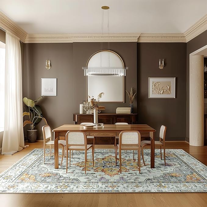 Area Rugs 6'x9' Washable Non-Slip, Floral Vintage Distress Print Pattern Medallion Carpet for Living Room Bedroom Dining Room, Light Yellow Carbon Grey Orange
