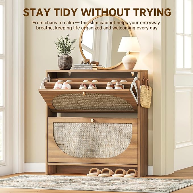 Nicetree Rattan Arched Accent Shoe Storage Cabinet - Freestanding Ultra Slim for Entryway, 2 Flip Drawers & 3-Tier Adjustable Shelves, Farmhouse Modern Rustic Shoe Rack for Hallway, Foyer, Living Room