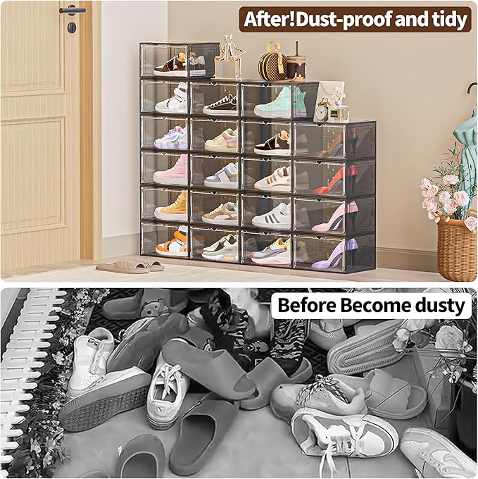 6 Pack XX Large Shoe Organizer, Heavy-Duty Hard Thicken Plastic Clear Stackable Shoe Storage Box Organizer for Closet, Space-Saving Shoe Rack Display Case Bin Containers for Sneakers, Grey