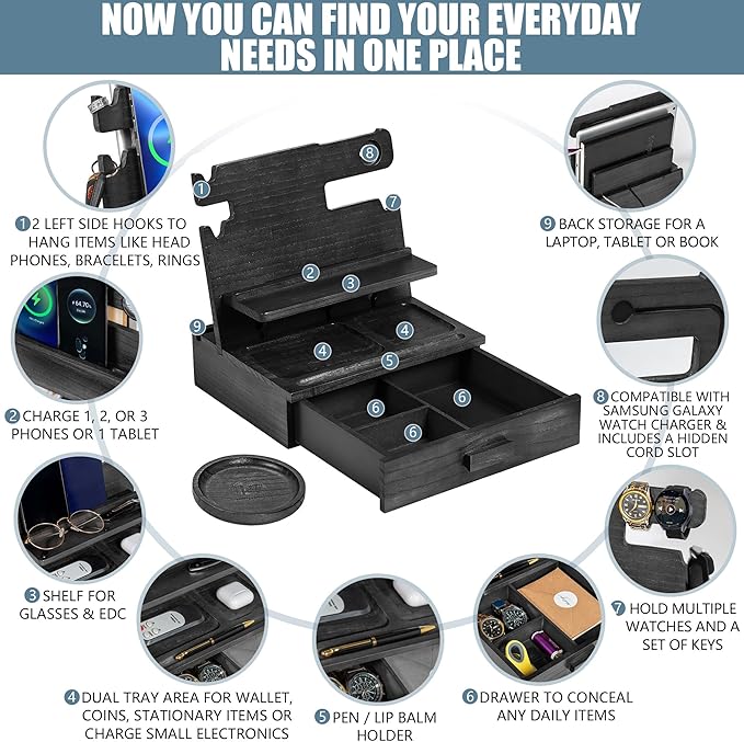 Black Wood Phone Docking Station for up to 3 Phones, Samsung Galaxy Watch Compatible Nightstand Organizer with Drawer for Valuables for Men & Women, Holds Phones, Tablets, Keys, Rings, Glasses, EDC