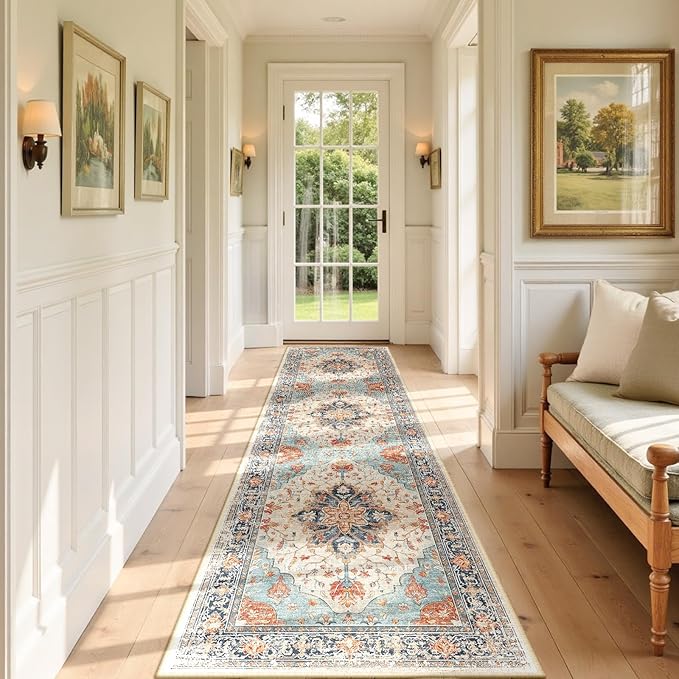 Area Rugs 3'x9' Washable Non-Slip, Floral Vintage Distress Print Pattern Medallion Carpet for Living Room Bedroom Dining Room, Beige Navy Blue Orange Colorful