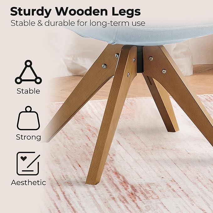 Zouron Mid Century Modern Accent Chair with Wooden Legs, Upholstered Swivel Chair No Wheels, Side Accent Armchair Vanity Chair for Small Space Home Office Living Room Bedroom, Light Blue