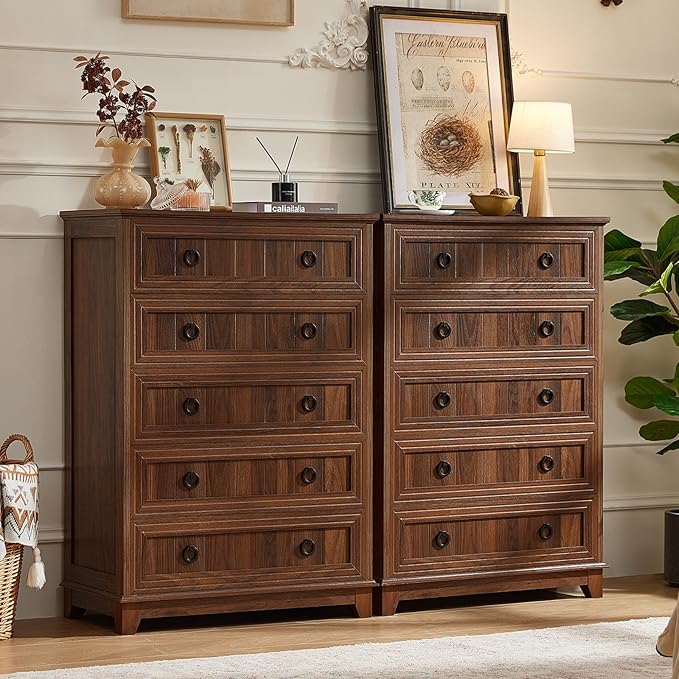 Farmhouse 5 Drawer Dresser for Bedroom Set of 2, 42.5" Tall Small Dressers & Chest of Drawers, Rustic Wood Dresser with Metal Handle, Storage Organizer Closet for Living Room, Hallway,Entryway