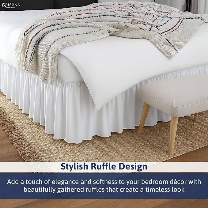 KRISHNA Ruffled Bed Skirt with Split Corners Twin, 100% Microfiber Hotel Quality, 28 Inch Drop Dust Ruffle Gathered Bedskirt with Platform, 39" x 75", White