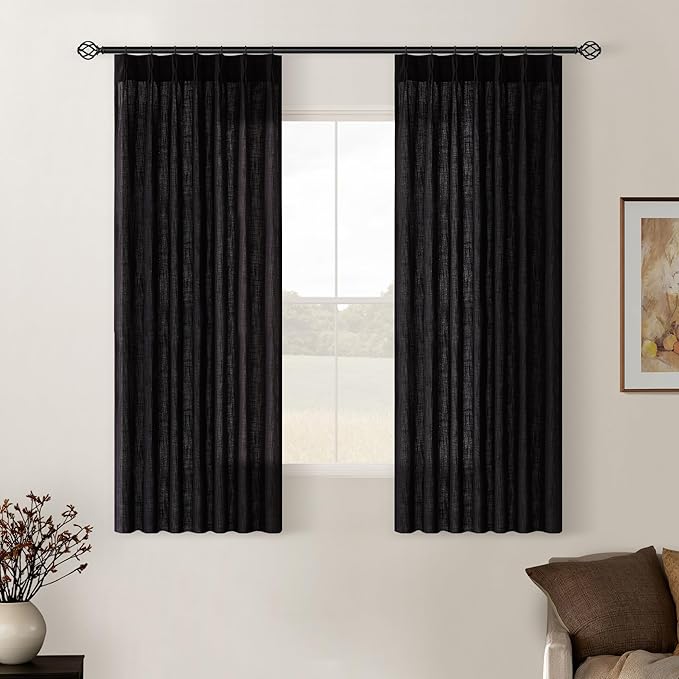 Black Pinch Pleated Linen Cafe Curtains 45 Inch Length 2 Panels for Dining Room Kitchen Bedroom Semi Sheer Pleat Drapes with Hooks Rings Light Filtering Short Window Curtain Cabinet 40x45