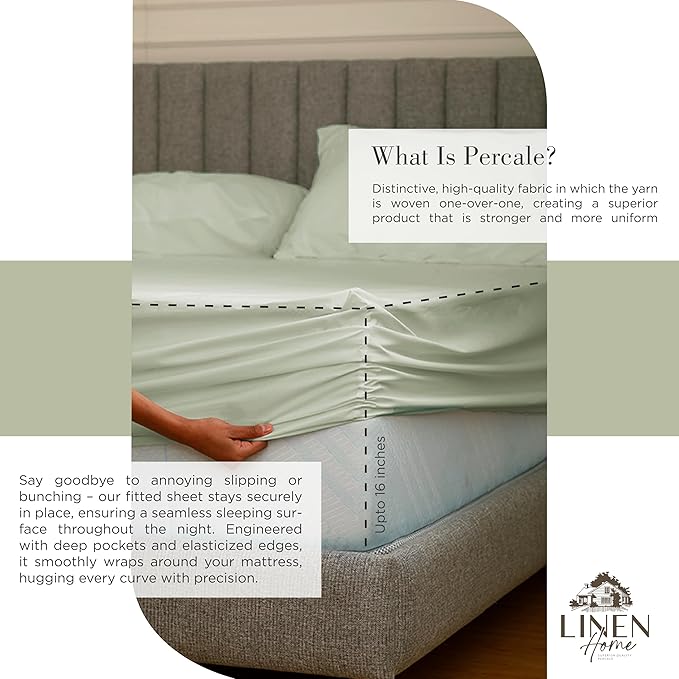 Linen Home 100% Cotton Percale Sheets Full Size, Sage, Deep Pocket, 4 Pieces Set - 1 Flat, 1 Deep Pocket Fitted Sheet and 2 Pillowcases, Crisp Cool and Strong Bed Linen