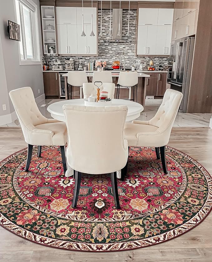 vivorug Round Rug 4ft Vintage Round Area Rug Non-Slip Indoor Carpet for Living Room Bedroom Entryway, Stain Resistant Home Decor Circle Rug, Cherry Red/Spice