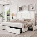 LARMACE King Size Bed Frame with 4 Storage Drawers and Wingback Headboard Linen Upholstered Platform Bed Frame with Wooden Slats, Easy Assembly, White