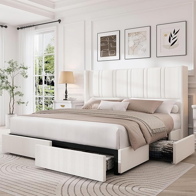 LARMACE Queen Size Bed Frame with 4 Storage Drawers and Wingback Headboard Linen Upholstered Platform Bed Frame with Wooden Slats, Easy Assembly, White