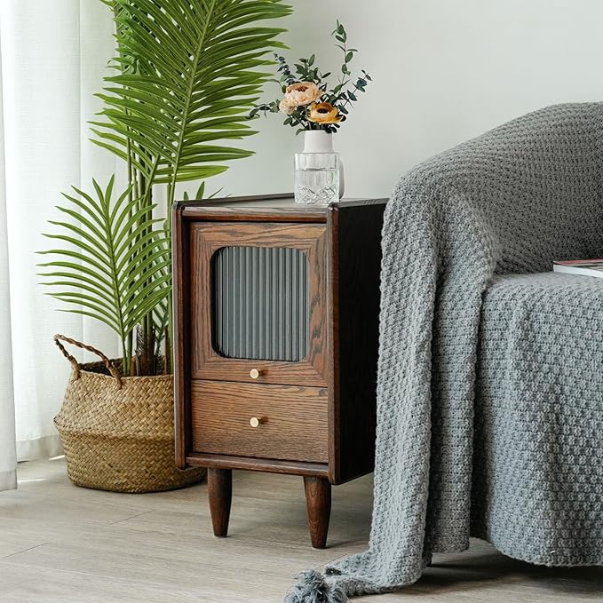 Mid Century Modern Narrow Nightstand with Drawers, Solid Wood Oak Bedside Table, Side Table, 11.81 W x 15.75 D x 21.26 H Inches, Walnut