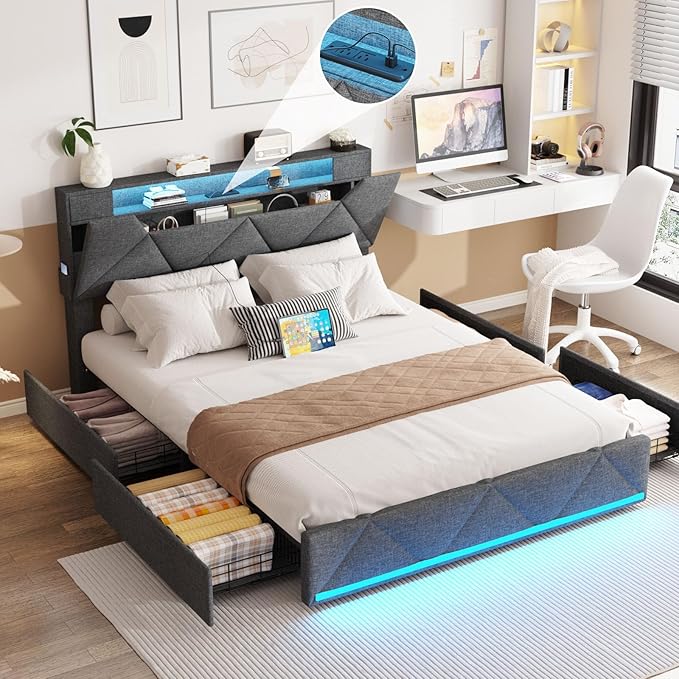 Vabches Full Size Bed Frame with Storage Headboard and 4 Drawers,Upholstered Platform with Charging Station and Led Lights,Adjustable Headboard,No Box Spring Needed,Dark Grey