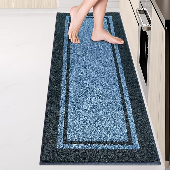 Kitchen Rugs 24" x 84", Non-Slip Machine Washable Kitchen Runner Rugs Floor Mats, Absorbent Comfort Standing Mats for Kitchen, Sink, Laundry and Hallway, Rolled Packaging, Light Blue & Navy