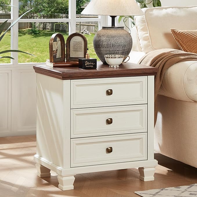 Farmhouse Nightstand Set of 2, Vintage Couch End Table with 3 Drawers & 4 Square Solid Wood Legs, Rustic Bed Side Table with Storage, Small Dresser for Bedroom, Living Room, White