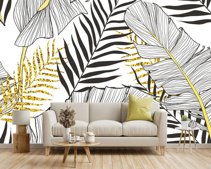 -Black and Gold Tropical Botanical Banana Leaf Fabric Wallpaper Living Room Bedroom Bathroom Abstract Plant Large Wall Mural- 137"x96"（ not Peel and Stick）