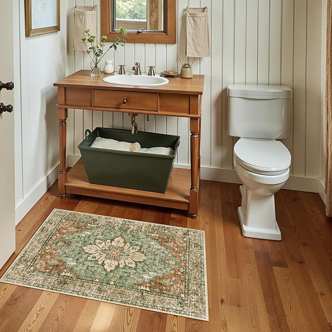 Area Rugs 2'x4' Washable Non-Slip, Floral Vintage Distress Print Pattern Medallion Carpet for Living Room Bedroom Dining Room, Brick Red Rust Neutral Brown Burnt Orange Green