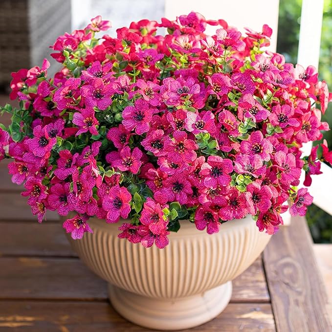 HyeFlora Artificial Flowers for Outdoor Indoor Garden Home Decoration, Faux Flower Daisy with Eucalyptus Leaves Fake Plants Greenery Boxwood Porch Patio, 12 Bundles (Rose Red)