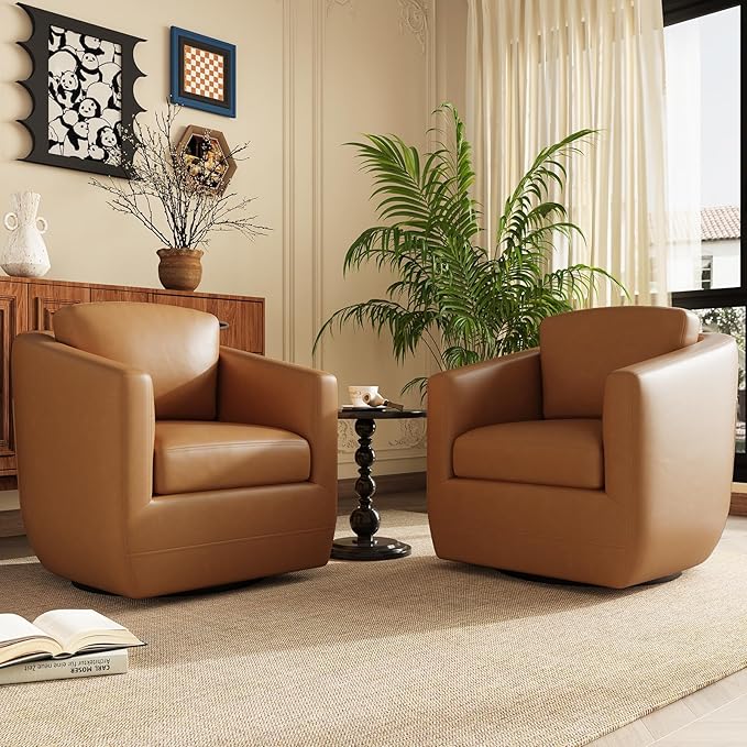 360° Swivel Accent Chair Set of 2 with Pillow - Comfy Living Room Armchair No-Sag Foam & Sturdy Metal Base, Fully Assembled Swivel Accent Single Sofa for Bedroom Living Room, Office, Brown