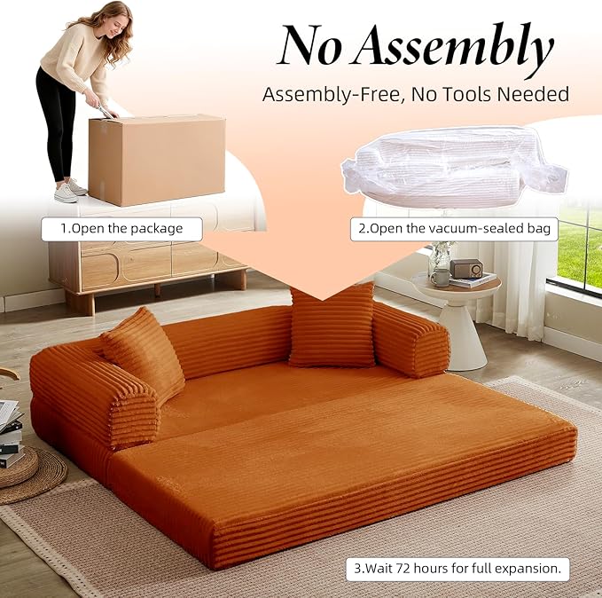 Convertible Futon Sofa Bed, Fold Out Floor Sofa Couch with Sleeper Sofa,Folding Boneless Couches with Deep Seat,Cloud Corduroy Foldable Mattress Couch for Living Room (Orange)