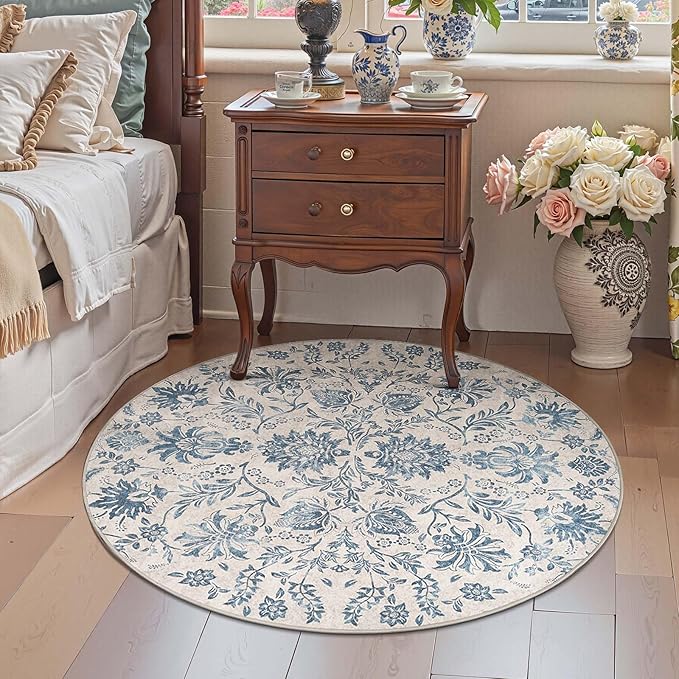 jinchan Torino Classic Floral Round Rug 4ft, Vintage-Inspired Design 4’Circle Rug, Machine Washable Ultra-Thin Low-Pile Non-Slip Indoor Carpet for Bedroom Dining Room Living Room Entryway Dark Blue