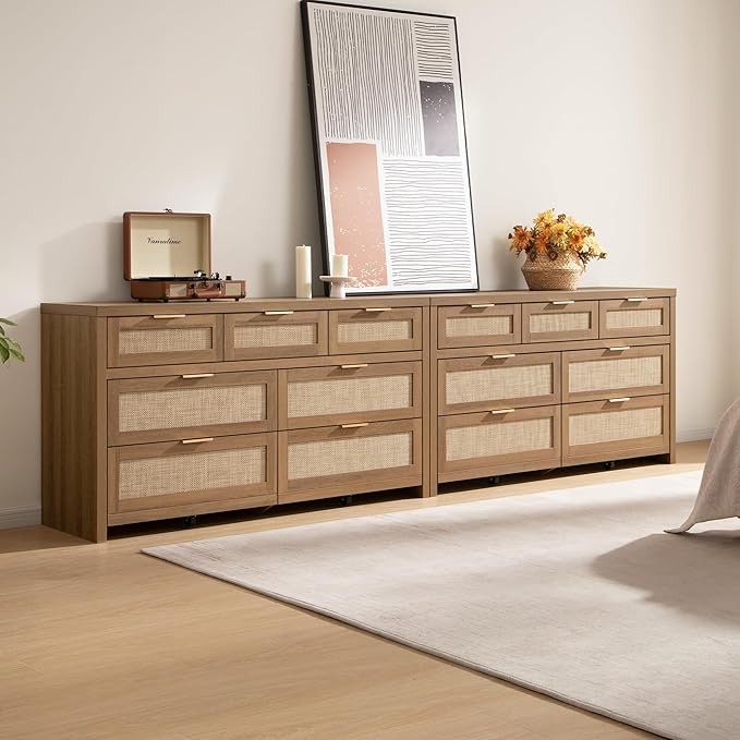 SICOTAS 7 Drawer Dresser for Bedroom, 57" Wide Rattan Dressers, Large Chest of Drawers for Bedroom, Dresser TV Stand, Boho Closet Organizer (Reclaimed Caramel Oak, 7 Drawers (1 pc))