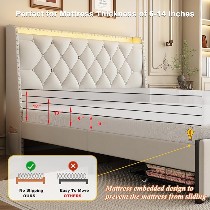 Full Size Bed Frame with Storage Headboard and 2 Drawers, Upholstered Button Tufted Bed Frames Full with Led Lights and Handy Charging Station, No Box Spring Needed, Easy Assembly, Noise Free, Beige