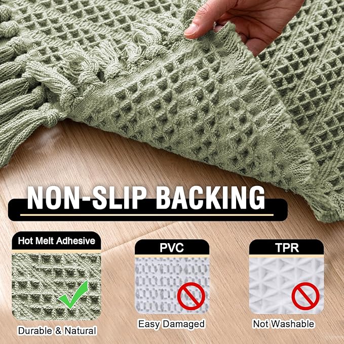 H.VERSAILTEX Waffle Bath Mat Super Absorbent Boho Bath Mat Non Slip Bath Rugs for Bathroom Floor Machine Washable Dry Fast Bathroom Rugs with Handmade Tassels, 24" x 36", Sage