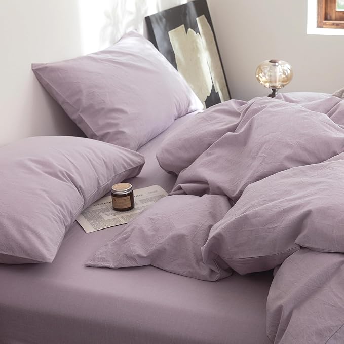FOSSA Duvet Cover Set 100% Washed Cotton Linen Feel Super Soft Breathable Cozy 3 Pieces Bedding Sets Solid Light Purple King