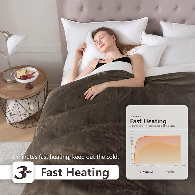 Wapaneus Heated Blanket Electric Full Size 72"x84" with 10 Heating Levels 12 Timer Settings and 8 Hours Auto-Shut Off,Flannel Fast-Heating Electric Blanket,ETL Listed Machine Washable,Dark Brown