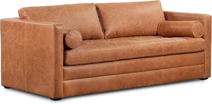 POLY & BARK Napa 82" Leather Pull‑Out Sleeper Sofa – Full‑Grain Italian Leather Upholstery,Tri‑Layer Mattress & Storage Console –Sophisticated Multi‑Functional Sofa Bed for Living Rooms & Guest Spaces