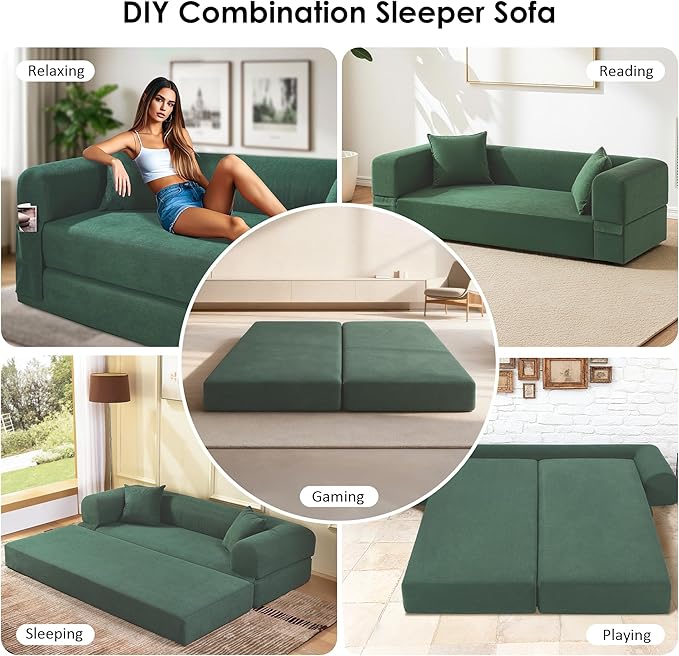 80" Convertible Sofa Bed, 3-in-1 Corduroy Folding Pull Out Couch with Pillows, No Assembly Modern Boneless Couch Compression Sofa in Box, Floor Sofa with Side Storage for Living Room,Light Green