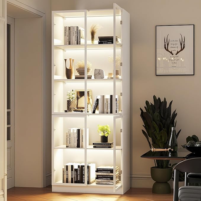 Display Storage Cabinet with Glass Door, LED Lights,Showcase for Collections, Perfume, Vinyl Albums, Bookcase for Home Office, Living Room, Clinic, Pantry (5 Layers-White)