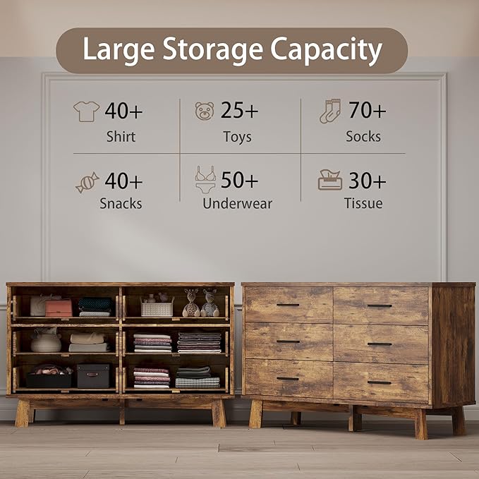 Dresser for Bedroom, 6 Drawer Wide Modern Chest of Drawers with X-Shaped Sturdy Base, Wood Double Dresser Closet Clothes Storage Organizer, Wooden TV Stand for Living Room, Hallway, Brown