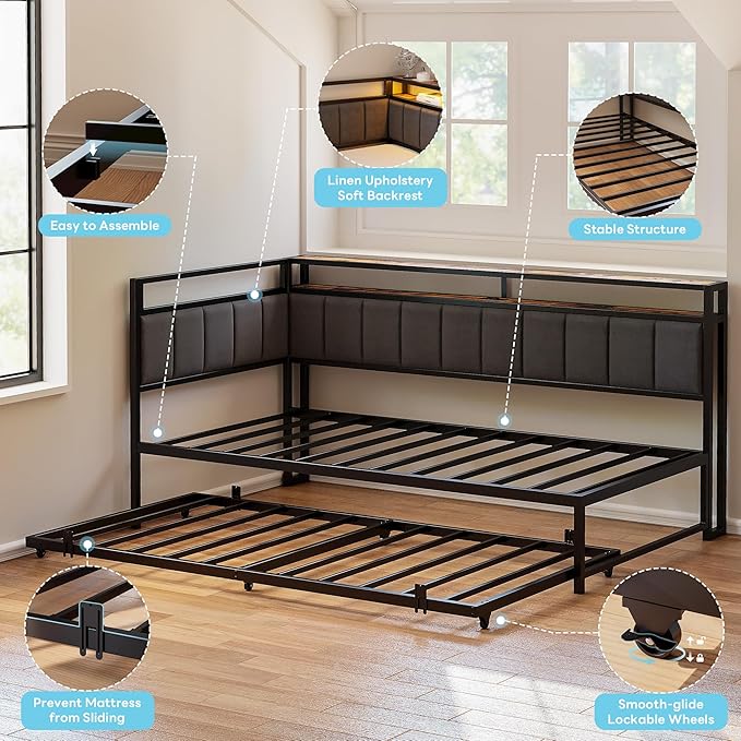 LIKIMIO Corner Full Bed Frame with Trundle, Upholstered Storage Headboard & LED Lights, Full Size Daybed with Charging Station, Sturdy Platform Metal Frame for Living Room, Bedroom, Guest Room, Gray