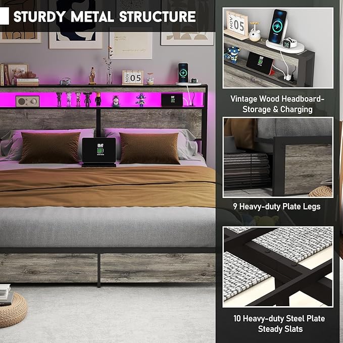 King Size Bed Frame with 4 Storage Drawers and Headboard with Charging Station and LED Lights,2 Tier Solid Wood Headboard Storage/Noise Free/No Box Spring Needed/Remote Control/Rustic Grey