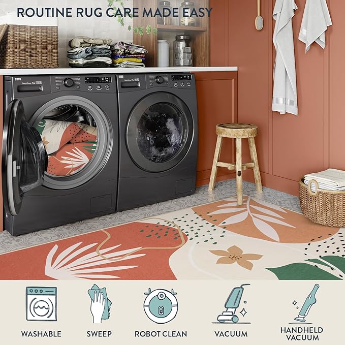 Lahome 5x7 Area Rug for Living Room, Washable Rugs 5x7 for Bedroom Soft Kids Nursery Carpet, Boho Botanical Print Non-Slip Low Pile Carpet for Office Playroom Kitchen Entryway, Coral