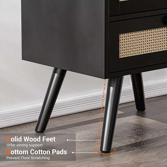 SUPERJARE 2 Drawer Night Stand with Charger Station, Boho Rattan Nightstand Set of 2, 25.2 Inch Tall Bed Side Table with Solid Wood Feet, End Table, Open Storage, Synthetic Rattan, for Bedroom, Black