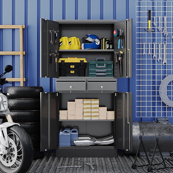 Garage Storage Cabinet, Metal Storage Cabinet with 2 Drawers and 2 Adjustable Shelves, Metal Lockers with Pegboards for Homes, Offices, Kitchens, Schools and Pantries