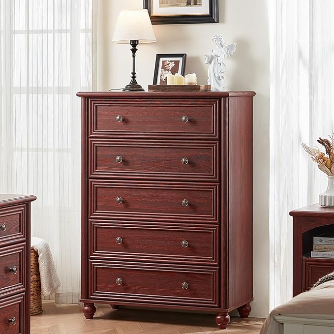 Farmhouse 5 Drawers Dresser for Bedroom, Wood 45" Tall Dressers Chest of Drawers, Kids Dresser Rustic Storage Dressers Organizer with Metal Handle Closet for Living Room, Hallway, Red Oak