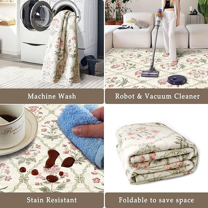 vivorug 5x7 Area Rugs - Ultra-Thin Washable Rug with Non-Slip Backing, Ideal for Living Room, Bedroom, Kitchen Floor Carpet - Modern Pink Floral, Easy Clean, Durable, Low Pile