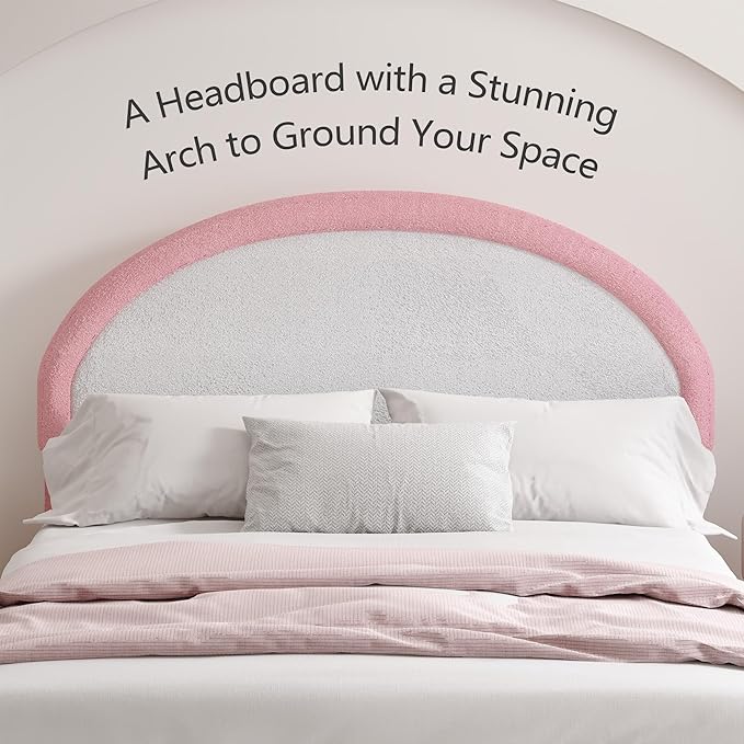 Full Size Bed Frame, Boucle Upholstered Platform Bed Frame with Headboard, White Bed Frame, Soft Rounded Corners, No Box Spring Required, Easy Assembly, Pink&White