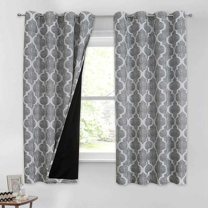 Beauoop 100% Blackout Curtains 63 Inches Long 2 Panels for Bedroom Living Room Grey Moroccan Geo Room Darkening Thermal Insulated Soundproof Grommet Top Window Treatments Drapes, 50x63 Set of 2