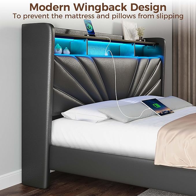 Rolanstar Queen Size Bed Frame, Storage Headboard with Charging Station and LED Lights, Upholstered Bed with Heavy Duty Wood Slats, No Box Spring Needed, Noise Free, Easy Assembly, Black